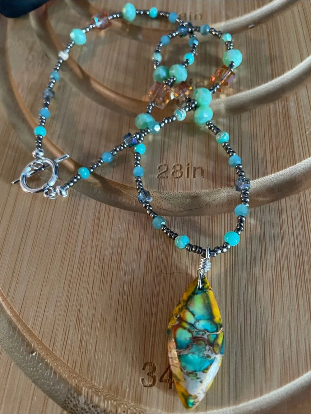 Handcrafted Green & Turquoise Beaded Necklace with Amber Accent Earrings